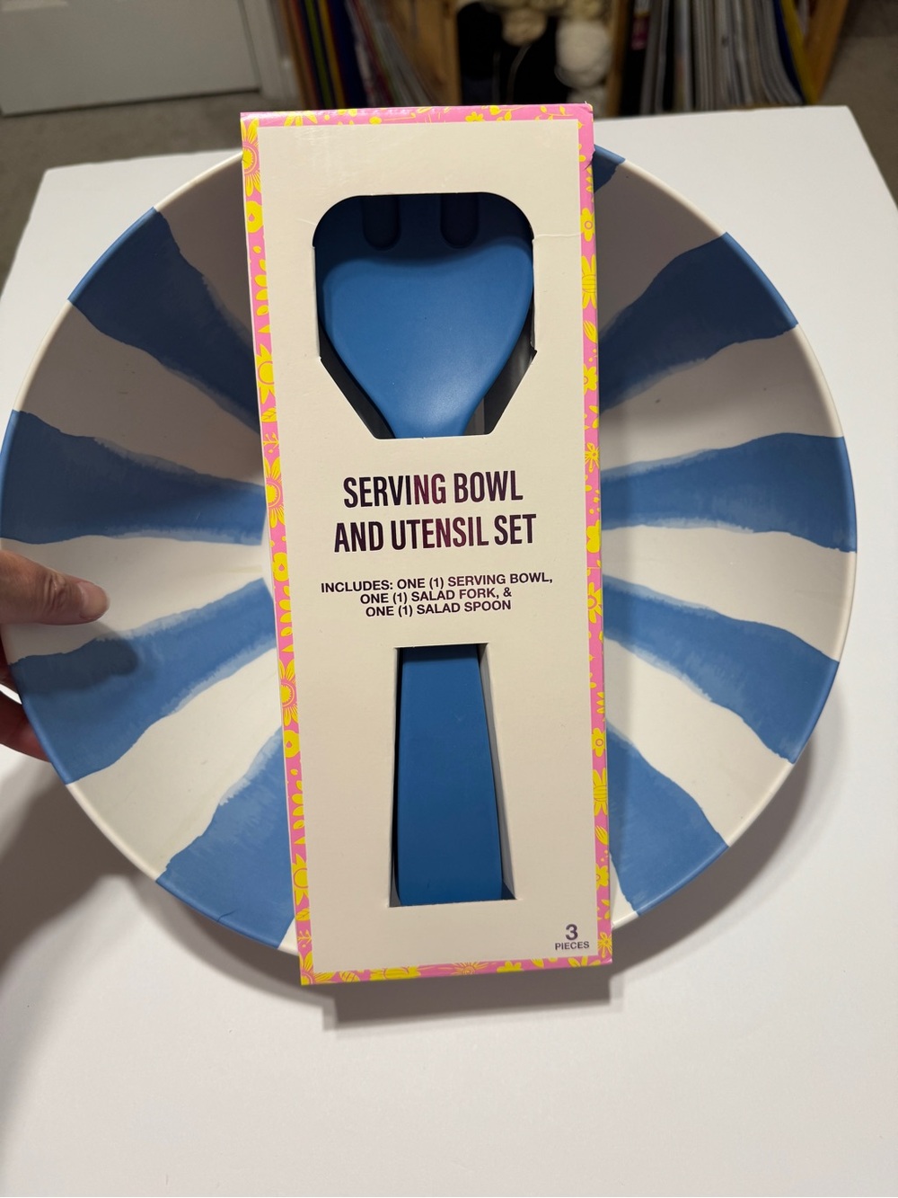 Blue & White Stripe Serving Bowl with Blue Salad Utensil Set